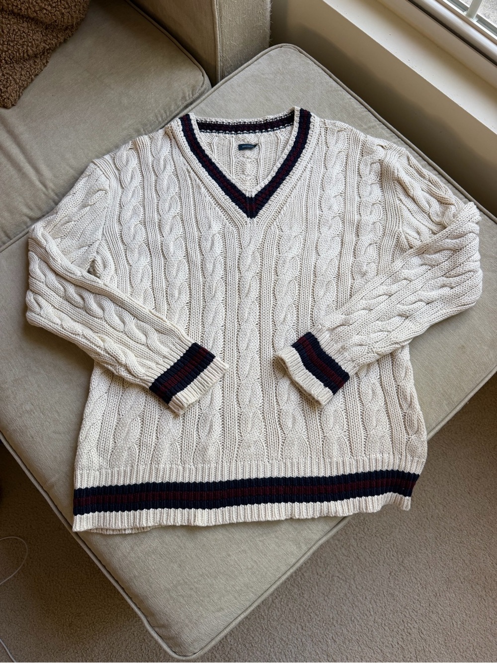 Cream Cable Knit V-Neck Sweater with Navy & Burgundy Trim